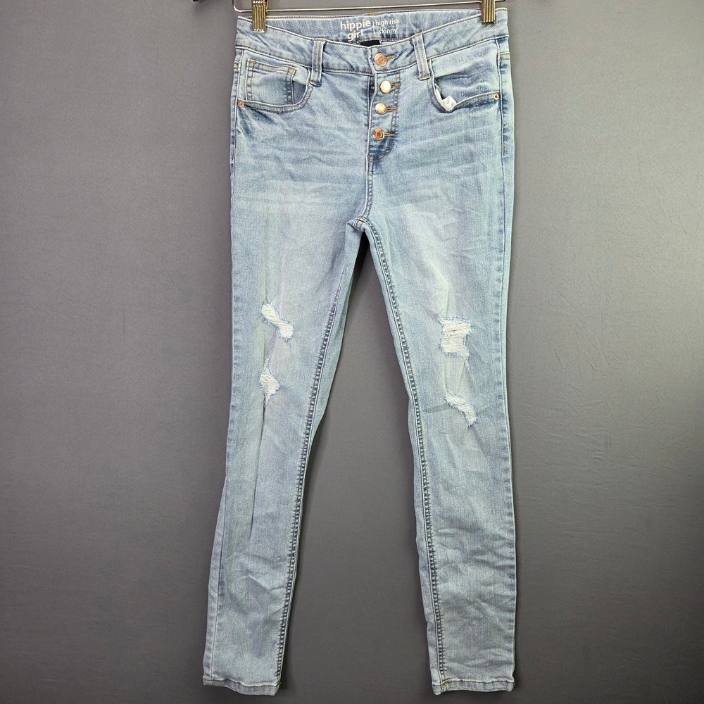 Hippie Girl Skinny Jeans High Rise Button Fly Size 14 Light Wash Distressed